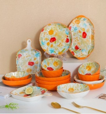 SET CERAMIC FLOWER 16 PCS SET ORANGE